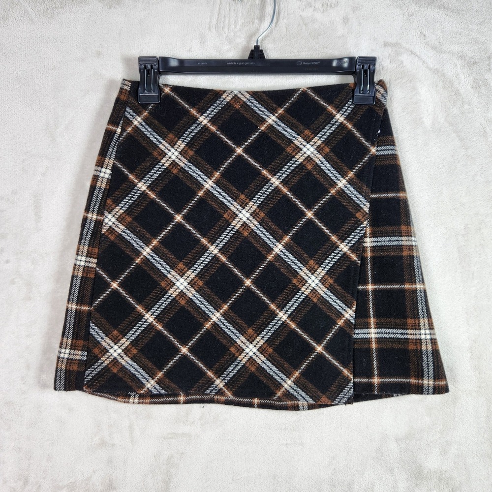 Hollister Plaid Mini Skirt Womens XS Brown Ultra High Rise Wool Blend Preppy Y2K